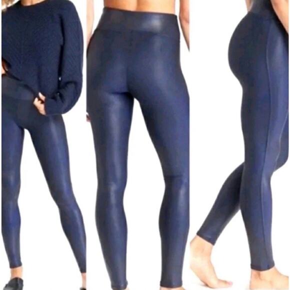 SPANX SPANXshape Faux Leather Leggings Navy Medium Slimming Wide Waistband MINT! - Picture 1 of 10
